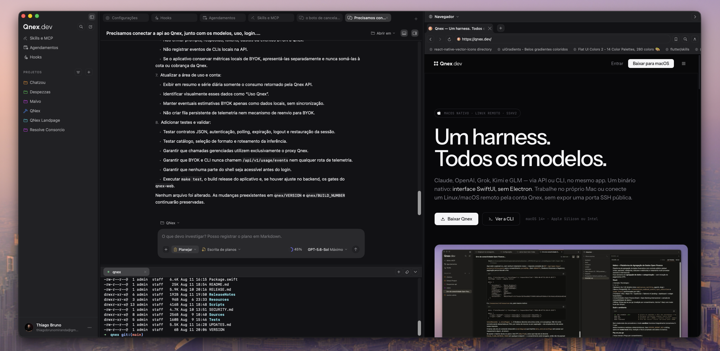 Qnex com o navegador integrado aberto na landing page do produto
